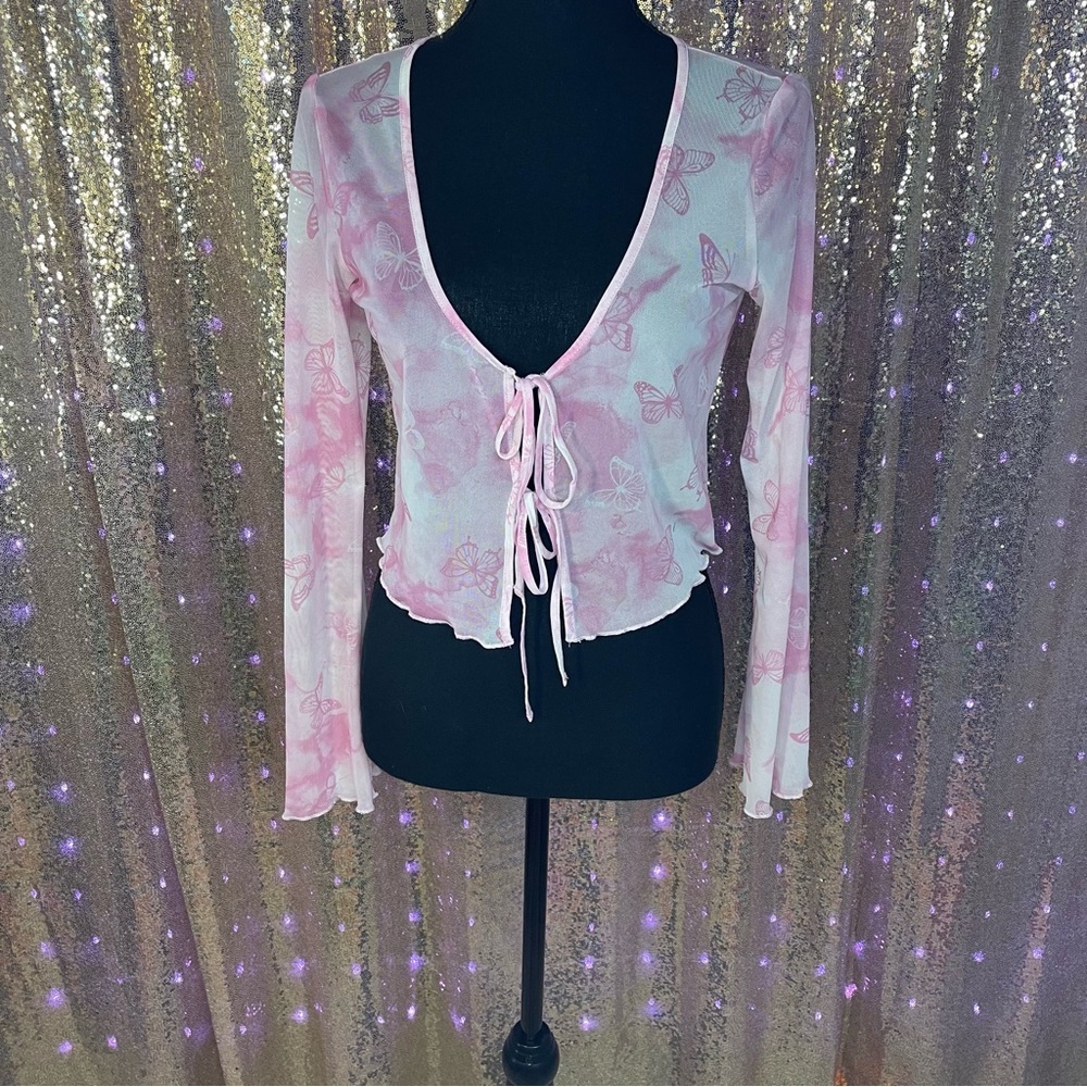 Sheer Pink Butterfly Tie-Front Top Y2K